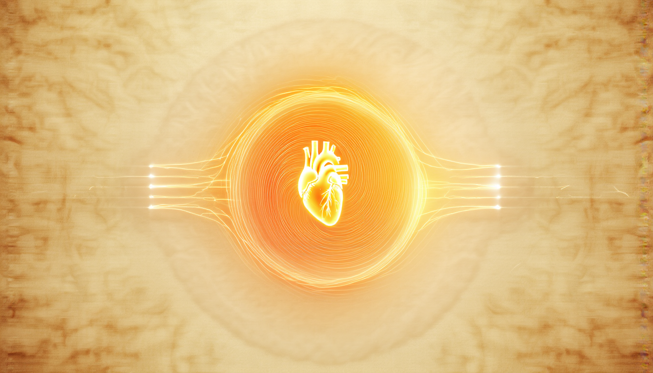 A radiant heart emitting a toroidal electromagnetic field in gold on cream