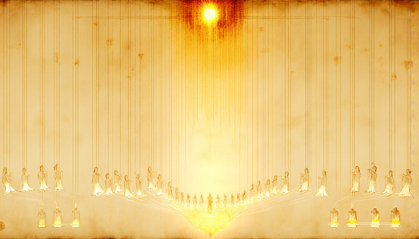 The descent of the twenty Watchers: golden threads released as gifts, some bending into silo-vessels, a heart at the bottom center where all threads rejoin