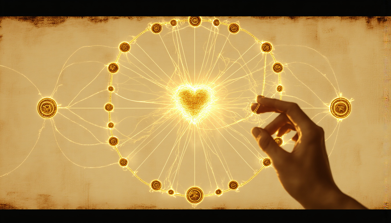 A ring of twenty golden medallion nodes around a radiant heart; a hand reaching in from the lower right to draw one glowing thread toward the center